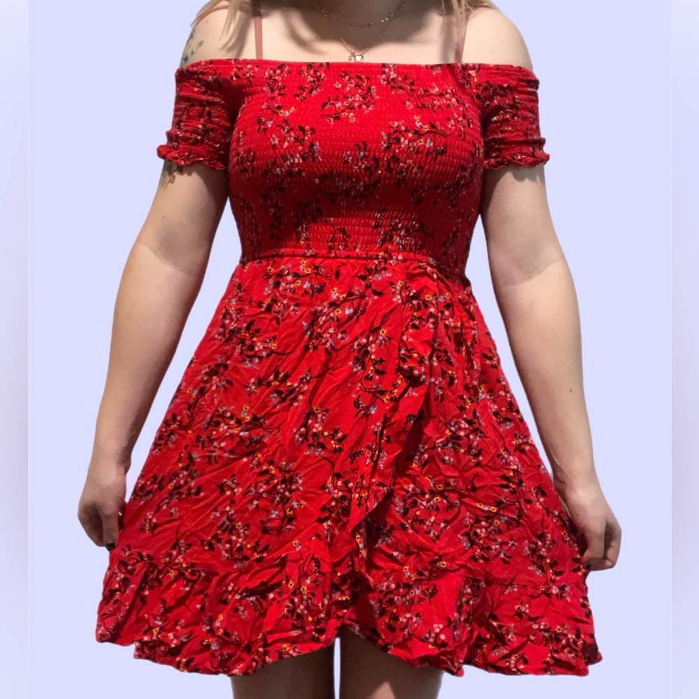Xhilaration Strapless Dress in Red with Floral Design